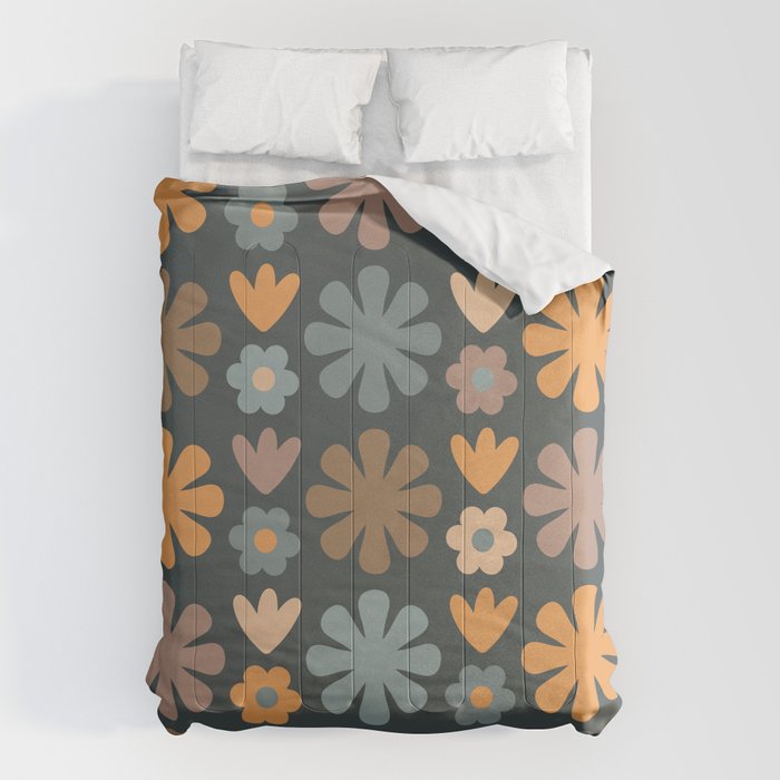 Scandi Floral Grid Retro Flower Pattern Slate Blue Orange Brown Comforter Gallery Image 6