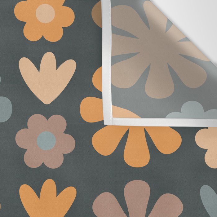 Scandi Floral Grid Retro Flower Pattern Slate Blue Orange Brown Wall Tapestry Gallery Image 3