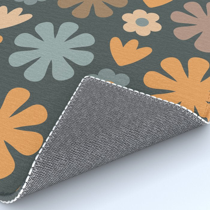 Scandi Floral Grid Retro Flower Pattern Slate Blue Orange Brown Rug Gallery Image 4