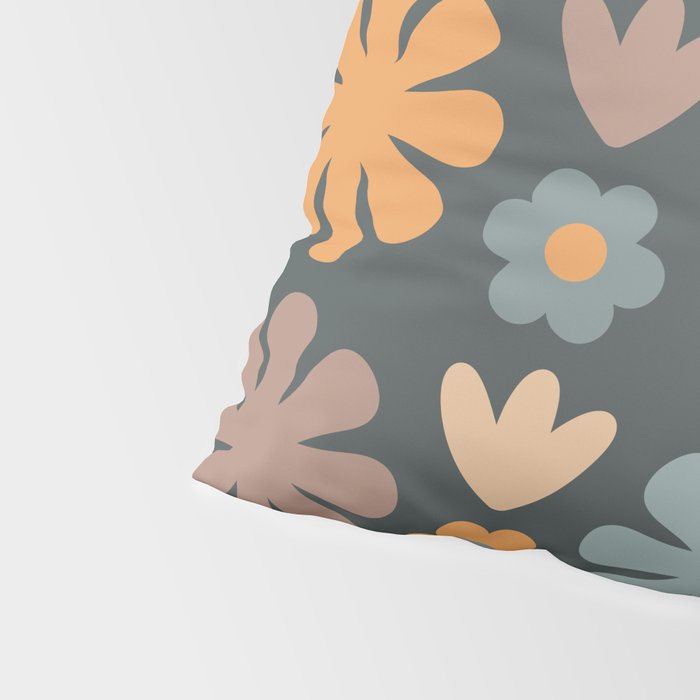 Scandi Floral Grid Retro Flower Pattern Slate Blue Orange Brown Pillow Sham Gallery Image 4