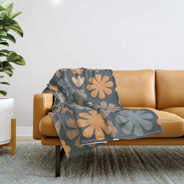 Scandi Floral Grid Retro Flower Pattern Slate Blue Orange Brown Throw Blanket Gallery Image 1