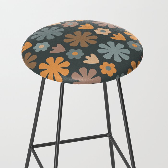 Scandi Floral Grid Retro Flower Pattern Slate Blue Orange Brown Stool Gallery Image 2