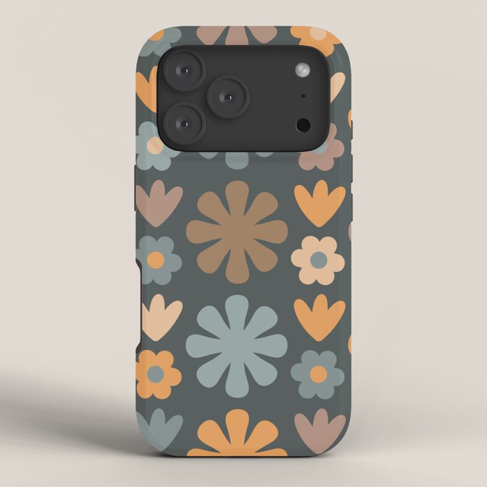 Scandi Floral Grid Retro Flower Pattern Slate Blue Orange Brown iPhone Case Gallery Image 3