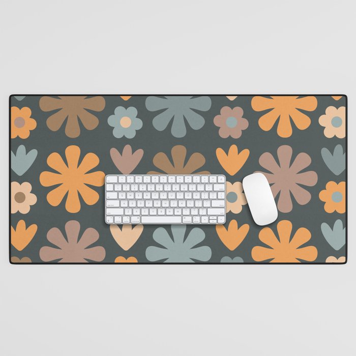 Scandi Floral Grid Retro Flower Pattern Slate Blue Orange Brown Desk Mat Gallery Image 1
