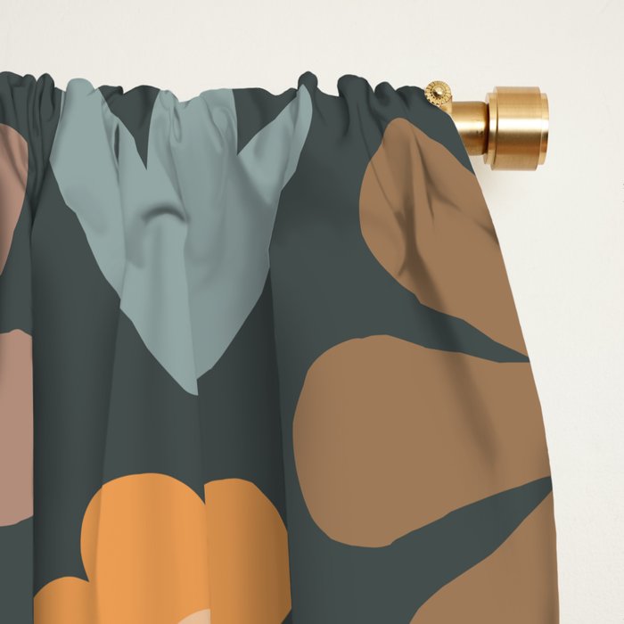 Scandi Floral Grid Retro Flower Pattern Slate Blue Orange Brown Window Curtain Gallery Image 2