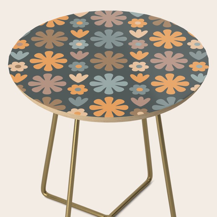 Scandi Floral Grid Retro Flower Pattern Slate Blue Orange Brown Side Table Gallery Image 2