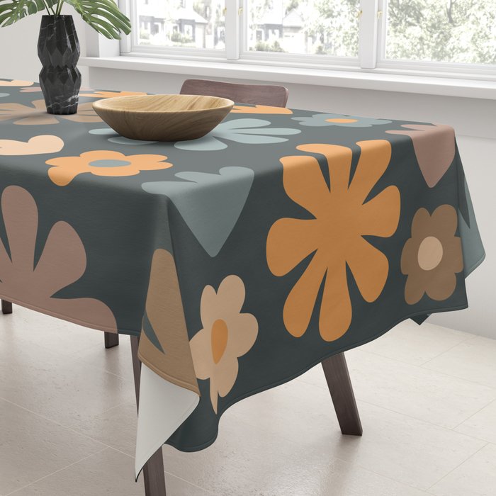 Scandi Floral Grid Retro Flower Pattern Slate Blue Orange Brown Tablecloth Gallery Image 3
