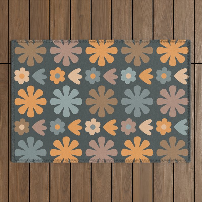 Scandi Floral Grid Retro Flower Pattern Slate Blue Orange Brown Outdoor Rug Gallery Image 1