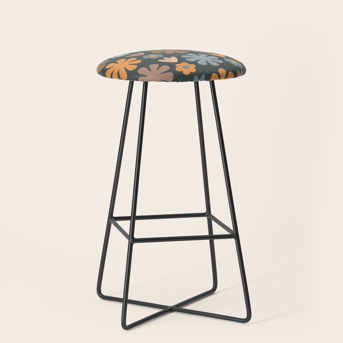 Scandi Floral Grid Retro Flower Pattern Slate Blue Orange Brown Stool Gallery Image 1