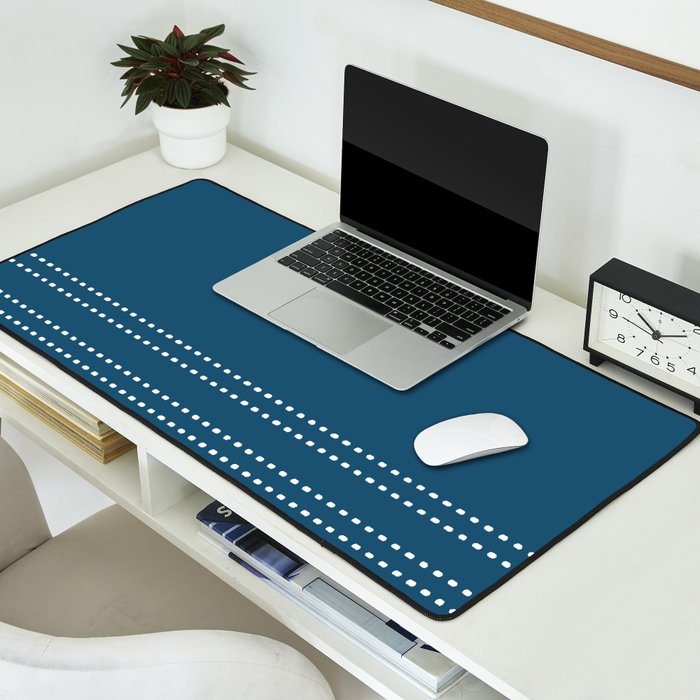 Zoe Dotted Smudge Stripes Minimalist Pattern in Aegean Blue and White Desk Mat Gallery Image 2