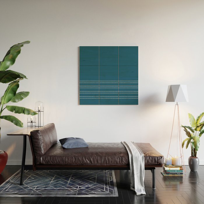 Zoe Dotted Smudge Stripes Minimalist Pattern in Aegean Blue and White Wood Wall Art Gallery Image 2