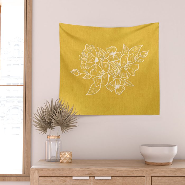 Scandinavian Brushed Gold Floral Ornament | Tropical Line Art Wall Tapestry Gallery Image 2