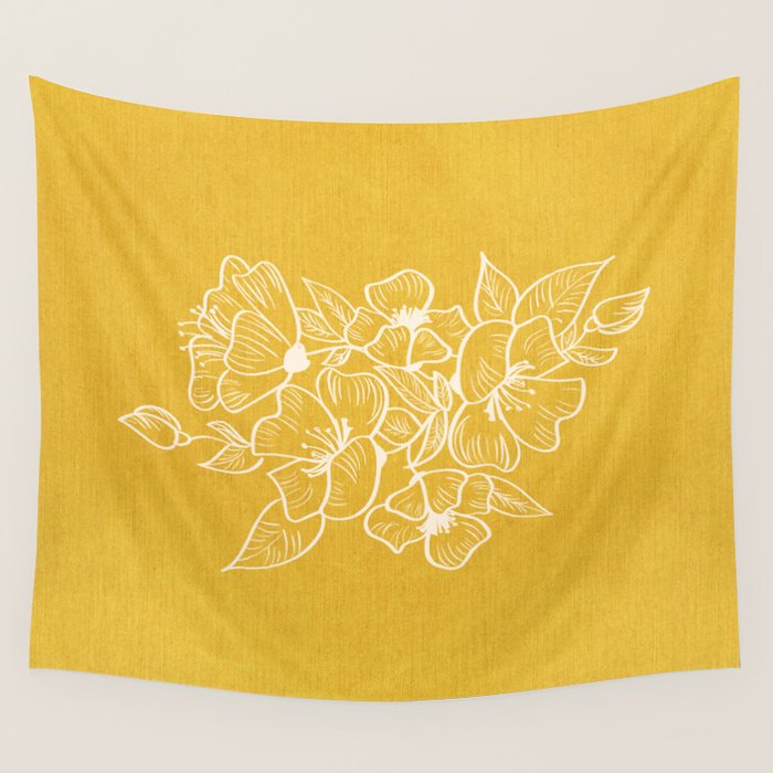 Scandinavian Brushed Gold Floral Ornament | Tropical Line Art Wall Tapestry Gallery Image 1