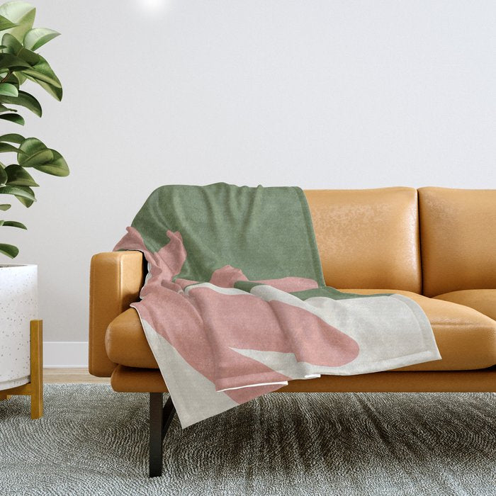 Leaves Minimalism - Pink Green Throw Blanket Gallery Image 1
