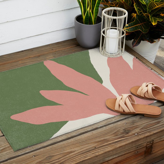 Leaves Minimalism - Pink Green Outdoor Rug Gallery Image 2
