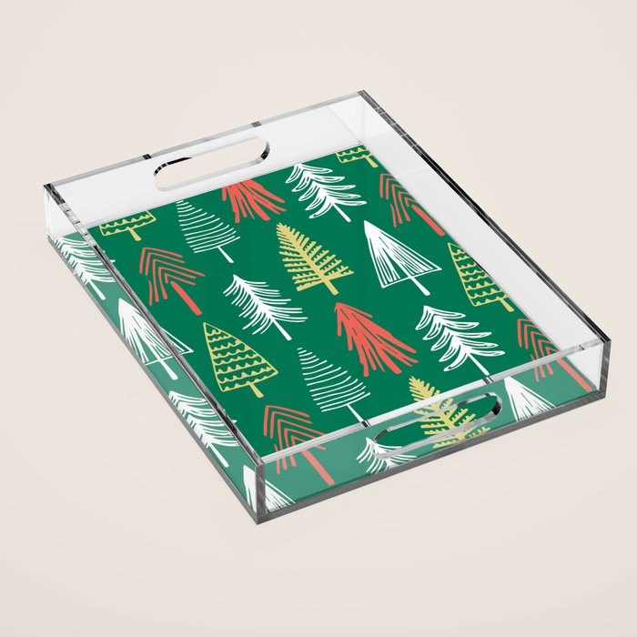 Green christmas pine tree doodle pattern Acrylic Tray Gallery Image 1
