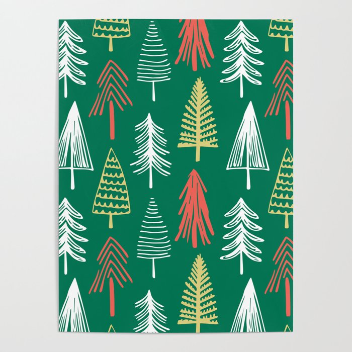 Green christmas pine tree doodle pattern Poster Gallery Image 1