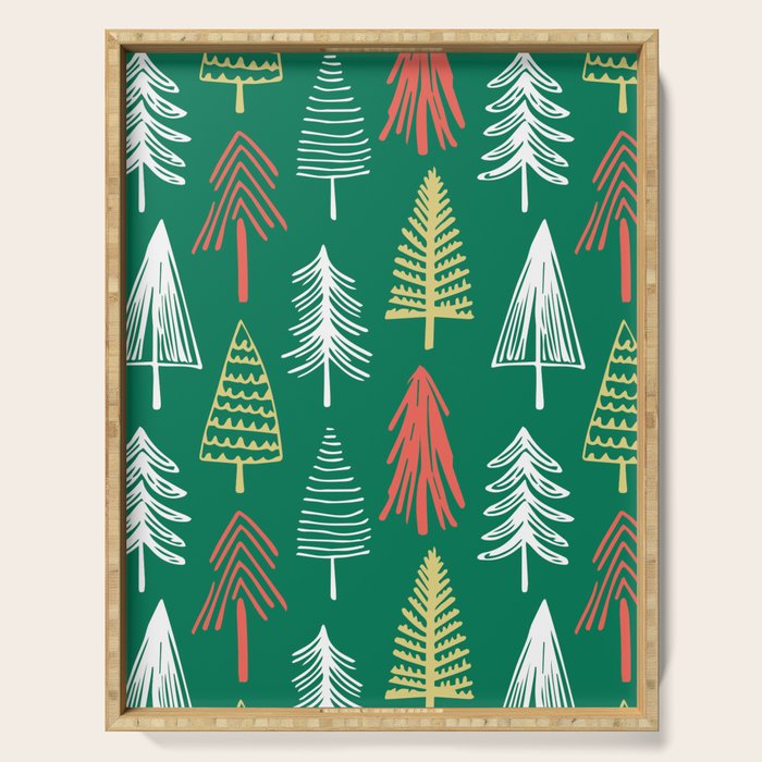 Green christmas pine tree doodle pattern Serving Tray Gallery Image 1