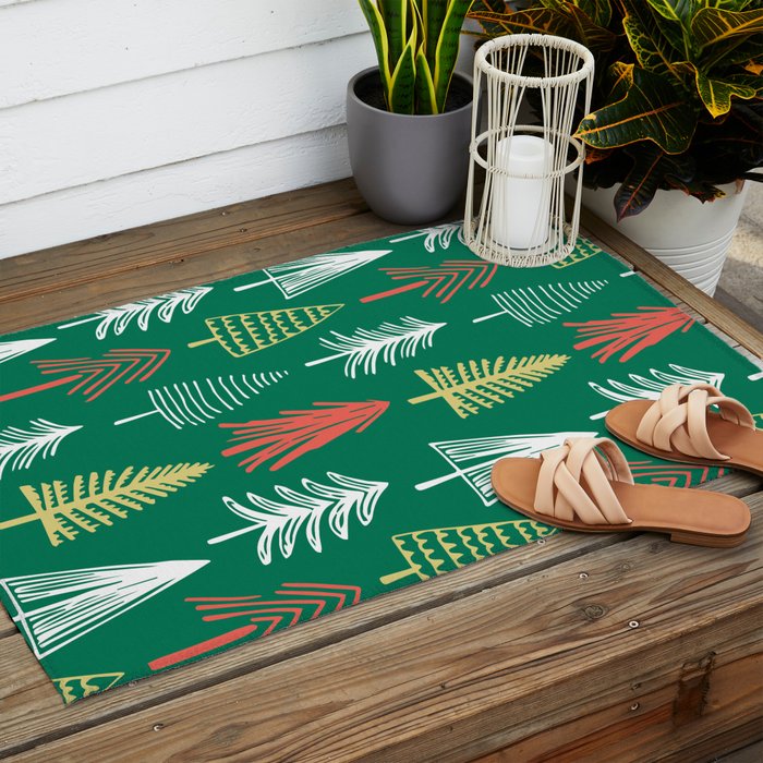 Green christmas pine tree doodle pattern Outdoor Rug Gallery Image 2