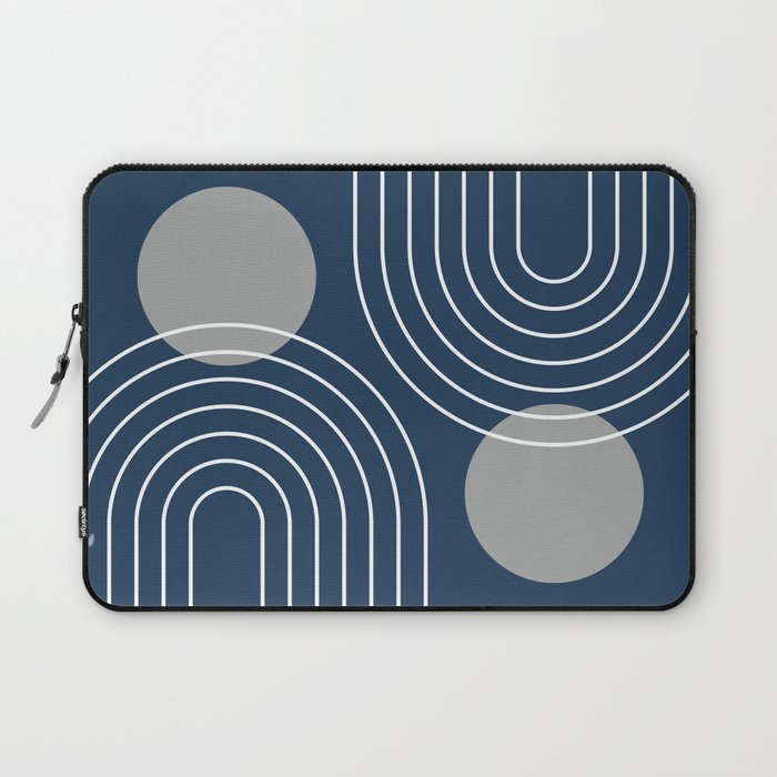 Mid Century Modern Geometric 106 in Navy Blue and Grey (Rainbow and Sun Abstraction) Laptop Sleeve Gallery Image 1