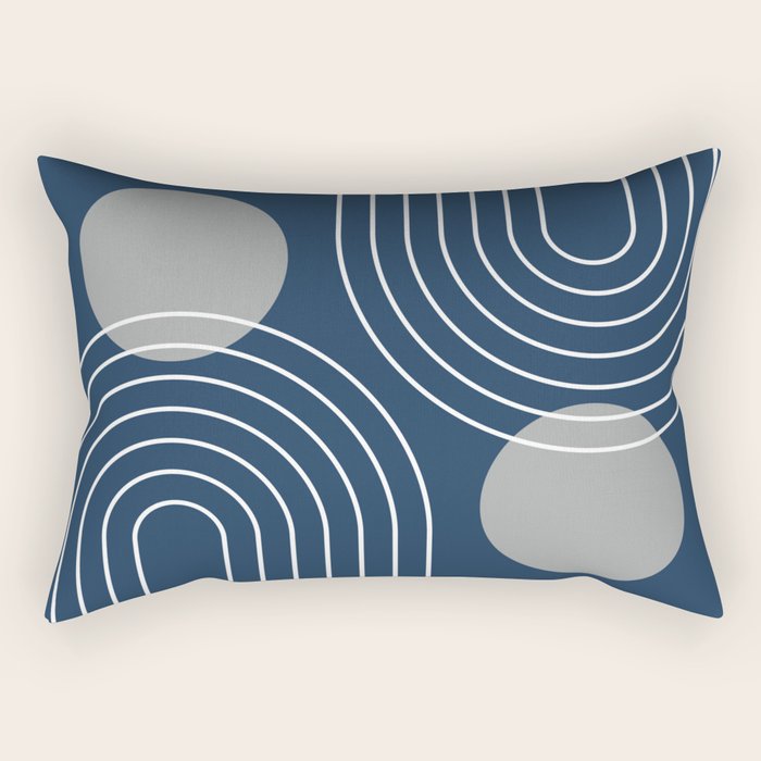 Mid Century Modern Geometric 106 in Navy Blue and Grey (Rainbow and Sun Abstraction) Rectangular Pillow Gallery Image 2