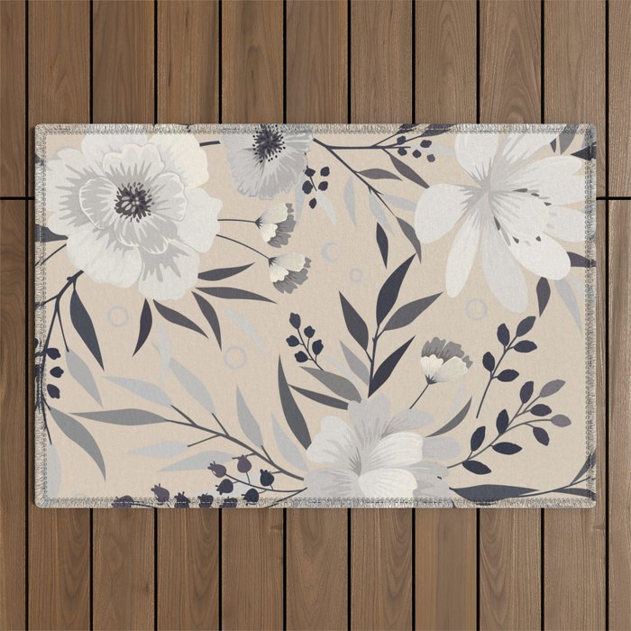 Modern, Boho, Floral Prints, Beige, Gray and White Outdoor Rug Gallery Image 1