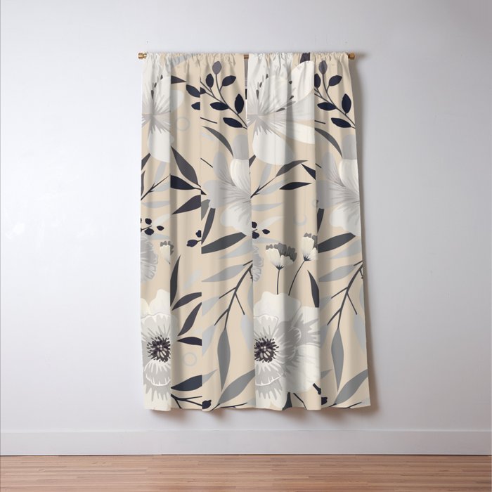 Modern, Boho, Floral Prints, Beige, Gray and White Window Curtain Gallery Image 3