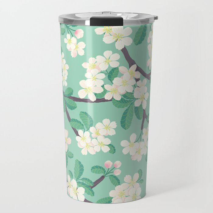 Apple Blossoms Pattern on Green Travel Mug Gallery Image 1