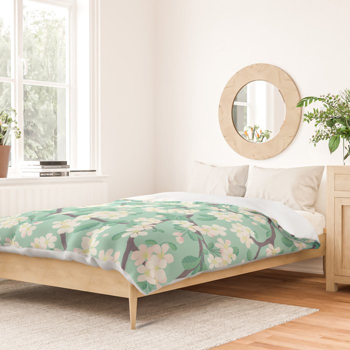 Apple Blossoms Pattern on Green Duvet Cover Gallery Image 2