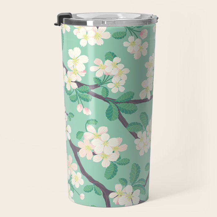 Apple Blossoms Pattern on Green Travel Mug Gallery Image 3