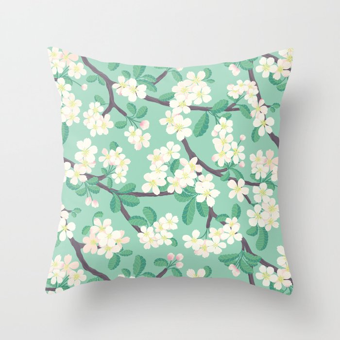 Apple Blossoms Pattern on Green Throw Pillow Gallery Image 1