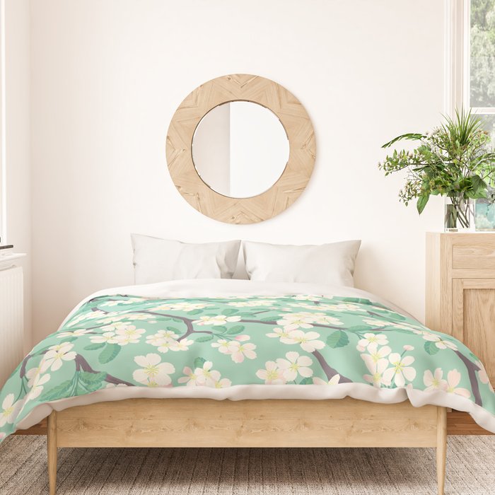 Apple Blossoms Pattern on Green Duvet Cover Gallery Image 3