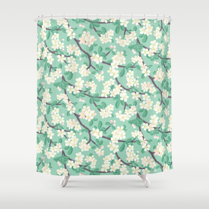 Apple Blossoms Pattern on Green Shower Curtain Gallery Image 1