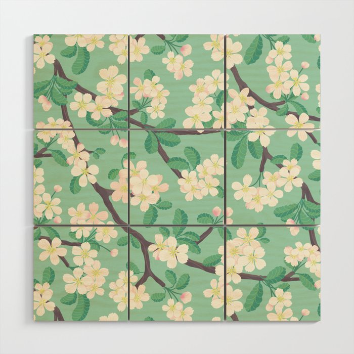 Apple Blossoms Pattern on Green Wood Wall Art Gallery Image 1