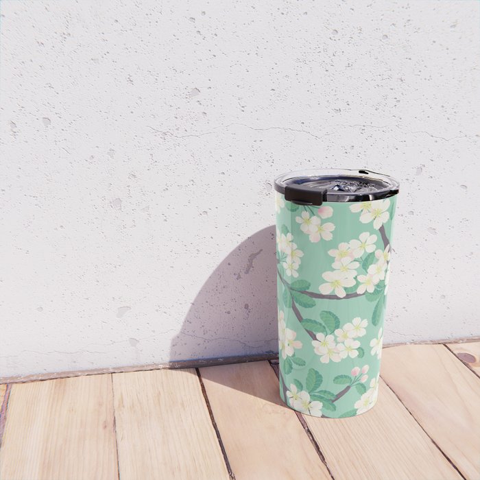 Apple Blossoms Pattern on Green Travel Mug Gallery Image 4