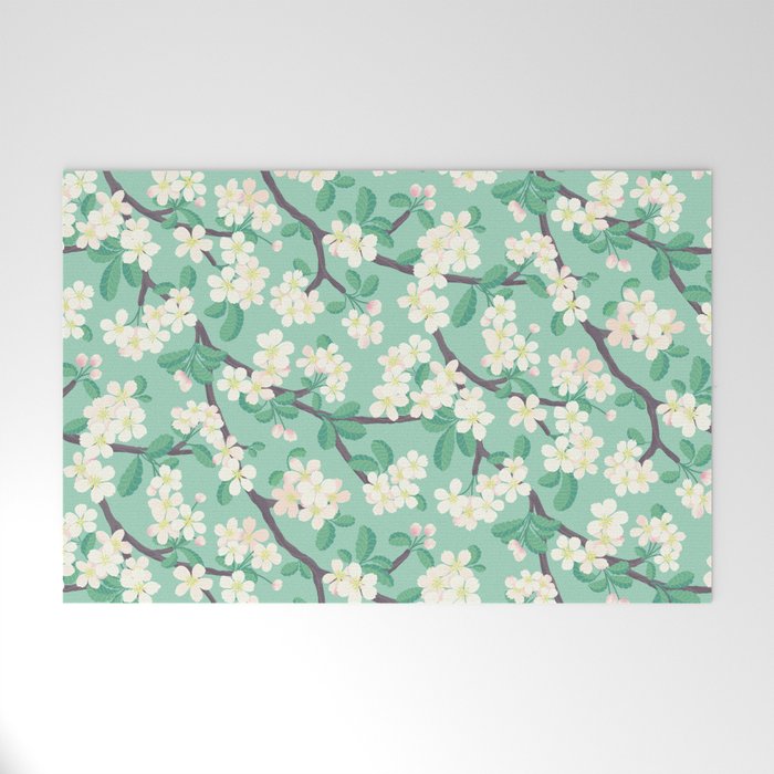 Apple Blossoms Pattern on Green Welcome Mat Gallery Image 1