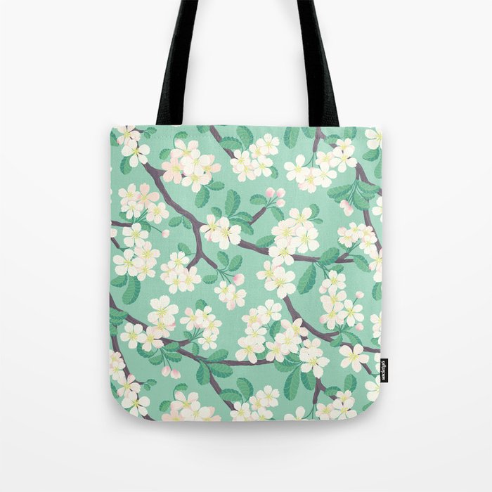 Apple Blossoms Pattern on Green Tote Bag Gallery Image 1