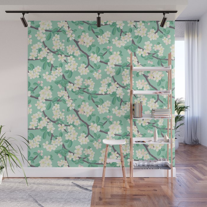 Apple Blossoms Pattern on Green Wall Mural Gallery Image 1