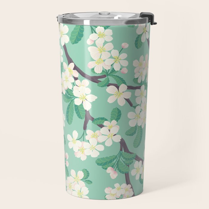 Apple Blossoms Pattern on Green Travel Mug Gallery Image 2