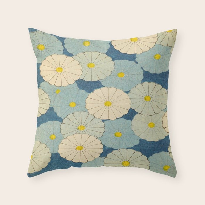 Shin-Bijutsukai - Japanese Design Blue Floral Pattern Throw Pillow Gallery Image 1