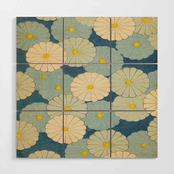 Shin-Bijutsukai - Japanese Design Blue Floral Pattern Wood Wall Art Gallery Image 1