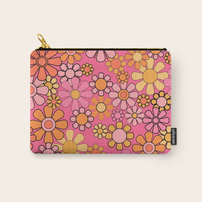 Groovy Retro Floral Garden Pretty Pink 60s 70s Flower Pattern with Yellow and Orange Carry All Pouch Gallery Image 1