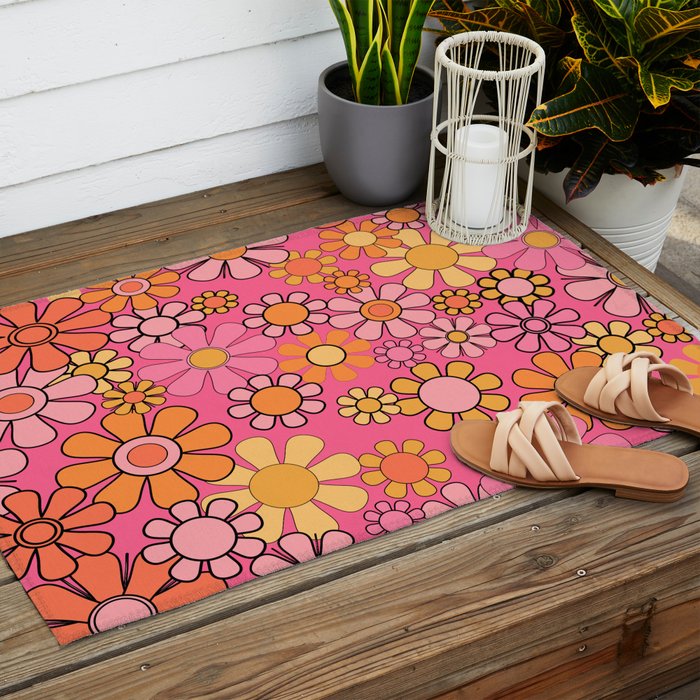 Groovy Retro Floral Garden Pretty Pink 60s 70s Flower Pattern with Yellow and Orange Outdoor Rug Gallery Image 2