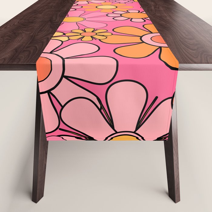 Groovy Retro Floral Garden Pretty Pink 60s 70s Flower Pattern with Yellow and Orange Table Runner Gallery Image 1