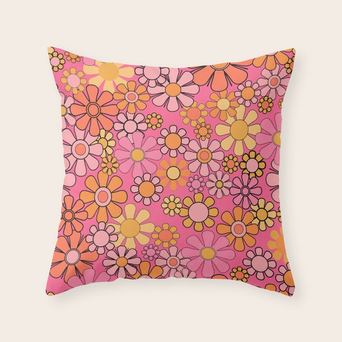 Groovy Retro Floral Garden Pretty Pink 60s 70s Flower Pattern with Yellow and Orange Throw Pillow Gallery Image 6