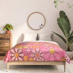 Groovy Retro Floral Garden Pretty Pink 60s 70s Flower Pattern with Yellow and Orange Comforter Gallery Image 3