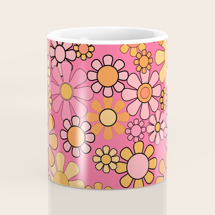 Groovy Retro Floral Garden Pretty Pink 60s 70s Flower Pattern with Yellow and Orange Coffee Mug Gallery Image 4