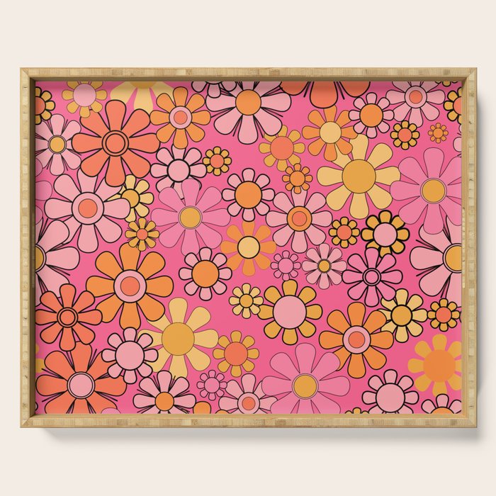 Groovy Retro Floral Garden Pretty Pink 60s 70s Flower Pattern with Yellow and Orange Serving Tray Gallery Image 1