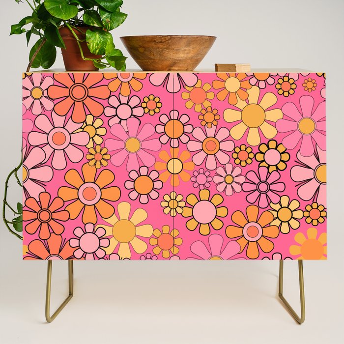 Groovy Retro Floral Garden Pretty Pink 60s 70s Flower Pattern with Yellow and Orange Credenza Gallery Image 1