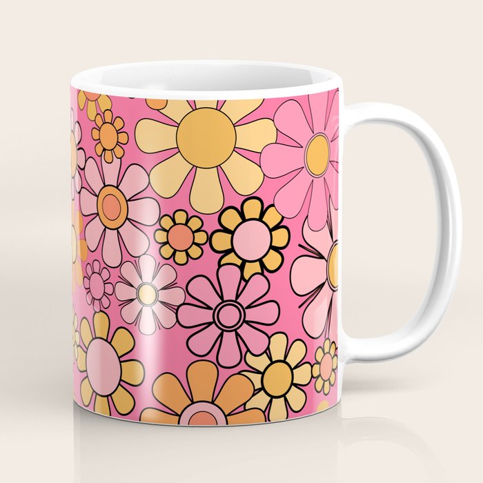 Groovy Retro Floral Garden Pretty Pink 60s 70s Flower Pattern with Yellow and Orange Coffee Mug Gallery Image 1